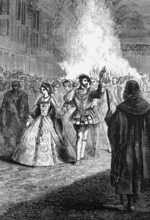 Henry VIII dancing with Anne Boleyn at a ball in the old Greenwich Palace in 1527, London, England,