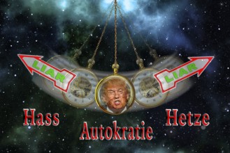 Symbolic image, Trump as a notorious liar in pendulum clock, wrong decisions, genius mania,
