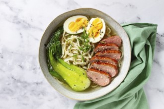 Ramen soup with duck and noodles, with eggs and bok choy, homemade, no people