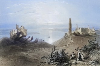 Seven churches of Clonmacnoise, Ireland, from the Landscape and Antiquities of Ireland, 1841,