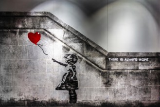 Banksy - Girl with Balloon, There is always hope, 2002, Southbank, London, exhibition The World of
