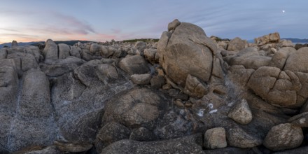 Sunset, rocky coast near Porto Pollo, Corsica, France, Europe