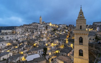Panoramic View of Sassi di Matera at night, Sasso Barisano, Basilicata, Italy, Europe