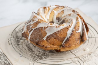 Marble bundt cake, cake with icing on a cake rack, light background