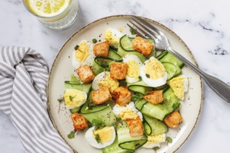 Delicious salmon and egg salad served on a plate with fresh cucumber and herbs for a healthy meal