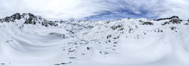 Alpine panorama, aerial view in winter, Albula Alps, Rhaetian Alps, Grisons, Eastern Switzerland,