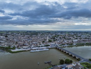 Twilight over Libourne from a drone, Gironde, Nouvelle-Aquitaine, Saint-Émilion and Pomerol,