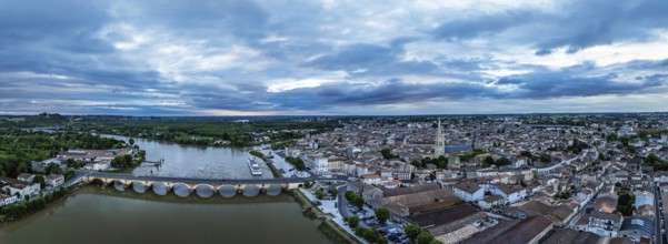 Twilight over Libourne from a drone, Gironde, Nouvelle-Aquitaine, Saint-Émilion and Pomerol,