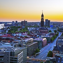 City view from above with the harbour and the main church St. Michaelis at atmospheric sunset,