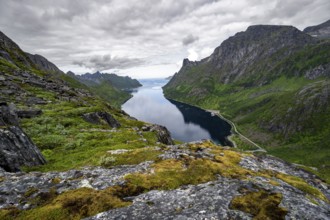 View of Øyfjorden fjord and mountains, fjord landscape with mountain peaks, hike to Barden