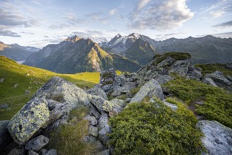 View from the Cabane du Louvie to the glaciated mountain peaks of the Grand Combine, in the evening