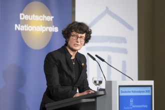 Özlem Türeci (founder of Biontech SE) gives an acceptance speech after receiving the German