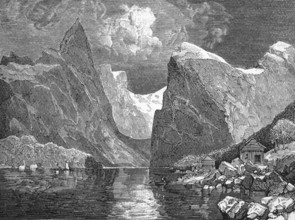 Landscape with a fjord, around 1870, Norway, digital reproduction of a historical model, Europe