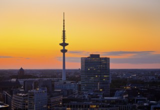 City view from above with the Heinrich-Hertz-Tower at atmospheric sunset, Hamburg, Germany, Europe