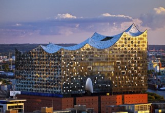 View of the Elbphilharmonie in the evening light from the St Nikolai memorial, Hamburg, Germany,