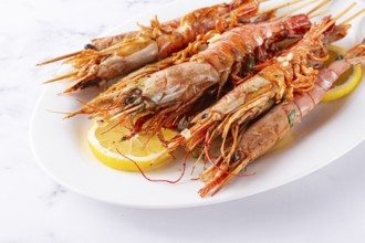Freshly grilled prawns served, on a white platter, with lemon slices, for a delicious seafood