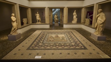 A room in a museum with several ancient sculptures and a decorated floor mosaic, Roman House of