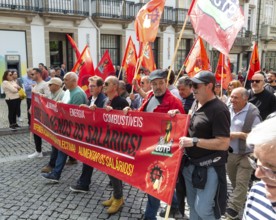 Political rally and march for May Day in city of Guimaraes, Braga district, northern Portugal,