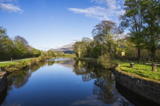 Caledonian Canal, Caol Beach and Nevis Range Mountains, Corpach, Fort William, Highland, Scotland,