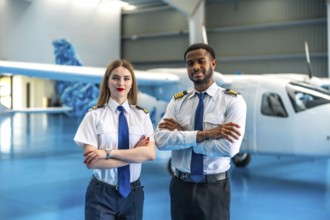 Two professional pilots standing confidently in a hangar with a small aircraft in the background,