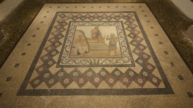 Ancient floor mosaic with complex geometric patterns and figurative depictions, Roman House of