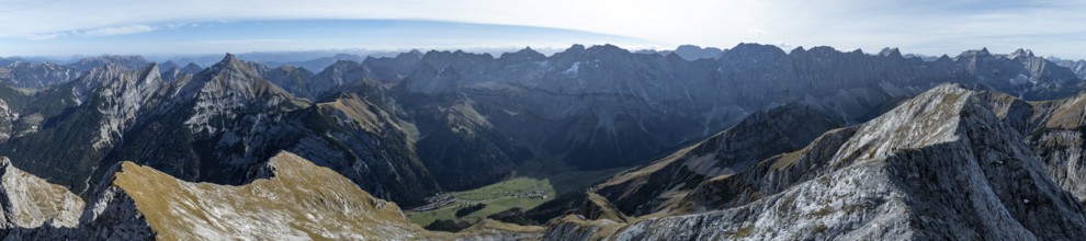 Aerial view, Alpine panorama of the Gamsjoch group, Eng valley, Karvendel, Tyrol, Austria, Europe