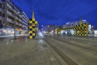 Steintor tram stop, designer Alessandro Mendini, general architecture, blue hour in the evening,