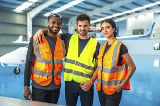 Three aircraft maintenance technicians wearing high visibility vests stand together in an aircraft