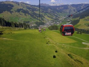 Tyrolean mountains near Saalbach-Hinterglemm, 12er Kogel cable car with view of Saalbach, Tyrol,