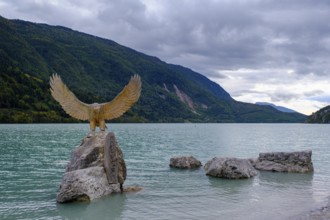 Wooden eagle, sculpture, Lago di Molveno, near Andalo, Trentino, Italy, Europe