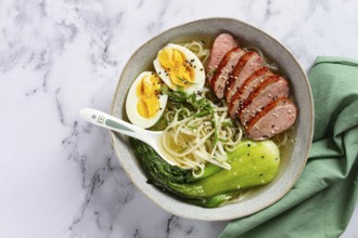 Ramen soup with duck and noodles, with eggs and bok choy, homemade, no people