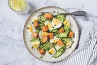 Delicious salmon and egg salad served on a plate with fresh cucumber and herbs for a healthy meal