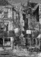 During the reign of Queen Elizabeth I, a 16th century street during a torrential downpour in