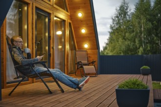 Middle-aged man sits with a cup of tea in the evening on the terrace illuminated by outdoor wall