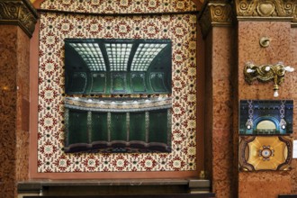 Decorated wall, detail, Hotel and thermal bath, Gellert bath, interior view, Budapest, Hungary,