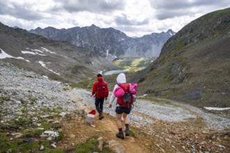 Hikers in front of the Neue Reichenberger Hütte, Hohe Tauern, Austria, Europe
