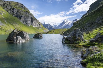 Mountain lake with view of glaciated mountain peaks, Lac du Louvie with summit Grand Combine,
