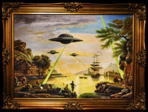 Banksy - UFO, conflict between modern and historical era, science fiction meets impressionism,