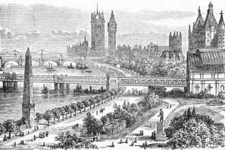 Cleopatra's Needle, the Houses of Parliament, bridges and banks, the Thames, c. 1870, London,