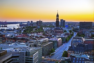 City view from above with the harbour and the main church St. Michaelis at atmospheric sunset,
