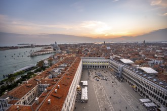 Panorama, St Mark's Square and Basilica di Santa Maria della Salute on the Grand Canal at sunset,