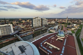 View from above of skyscrapers, Columbus Center and the Old Harbour, evening sky, Mitte district,
