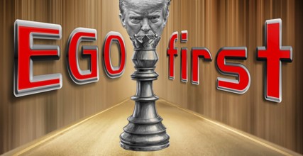 Symbolic image, Trump as egomaniacal chess king, towers over the USA, Bitcoin king, kleptocracy,