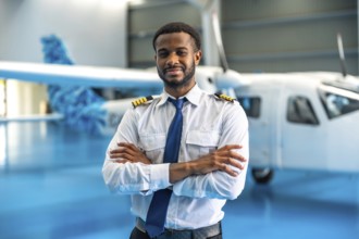 Portrait of a smiling pilot standing with arms crossed in front of a small passenger airplane
