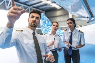 Aviation maintenance crew examining airplane wing, ensuring safety and functionality before flight