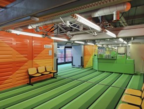 RWTH Aachen University Hospital, interior photo, colourful, technical modernity with visible