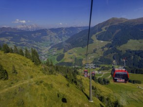 Tyrolean mountains near Saalbach-Hinterglemm, 12er Kogel cable car with view of Saalbach, Tyrol,