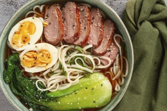 Ramen soup with duck and noodles, with eggs and bok choy, homemade, no people