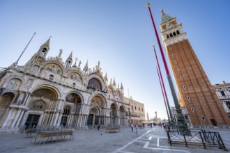 St Mark's Square in the morning light, St Mark's Basilica and Campanile, Venice, Veneto, Italy,