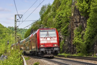 Regional express RE5 en route on the winding railway line of the Geislinger Steige. Landscape along